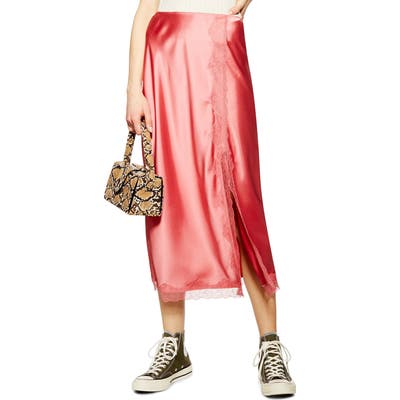 Topshop Lace Trim Satin Midi Skirt