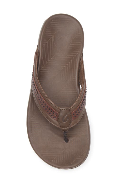 Shop Olukai Aho Leather Flip Flop In Dk Wood/dk Wood