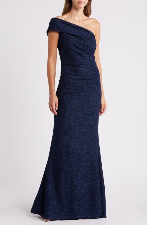 Eliza J Metallic Off the Shoulder Gown in Navy 