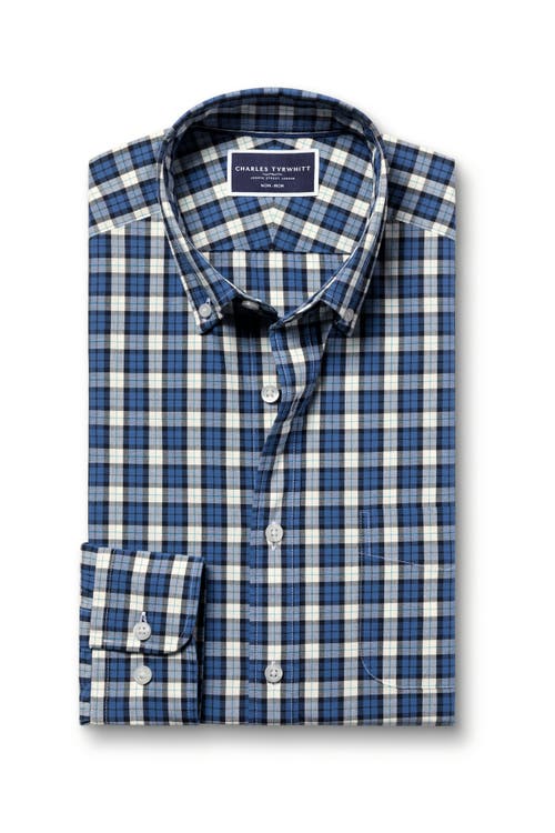 Charles Tyrwhitt Charles Tyrhwitt Men's Slim Fit Plaid Check Non-iron Stretch Poplin Shirt In Ocean Blue