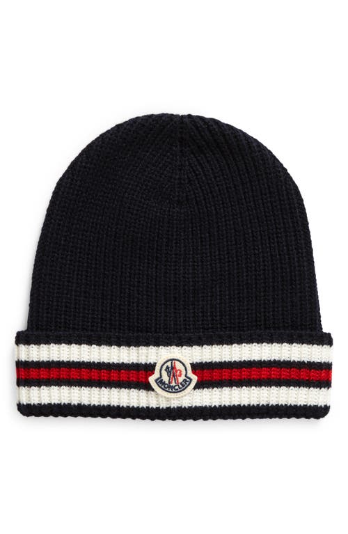 Moncler Stripe Cuff Virgin Wool Beanie in Navy at Nordstrom, Size Xx-Small