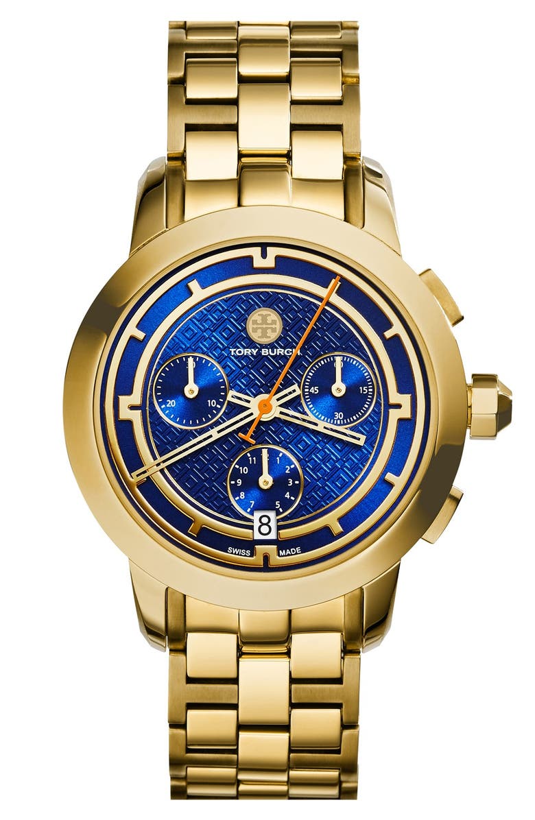 TORY BURCH 'Tory' Chronograph Bracelet Watch, 37mm, Main, color, GOLD/ NAVY