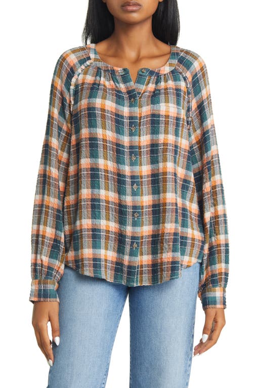 beachlunchlounge Plaid Crinkle Texture Blouse in Apricot Cooler