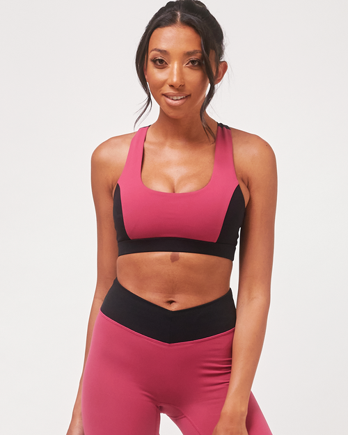 Shop Rebody Active Swift Keyhole Racerback Cloudlux Bra In Fuschia/black