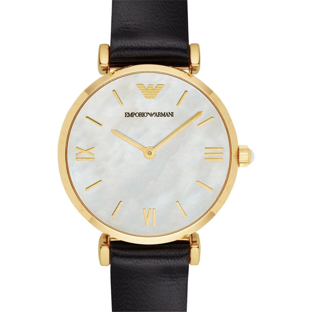 Emporio Armani Leather Strap Watch, 32mm In Black/gold