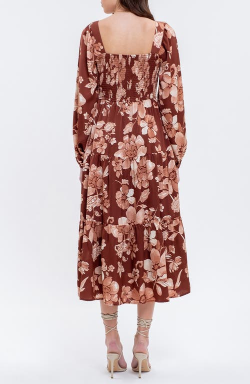 Shop August Sky Floral Long Sleeve Midi Dress In Burgundy Multi