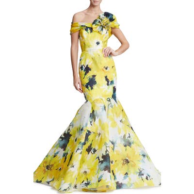 Marchesa Off The Shoulder Floral Print Mermaid Gown, Yellow