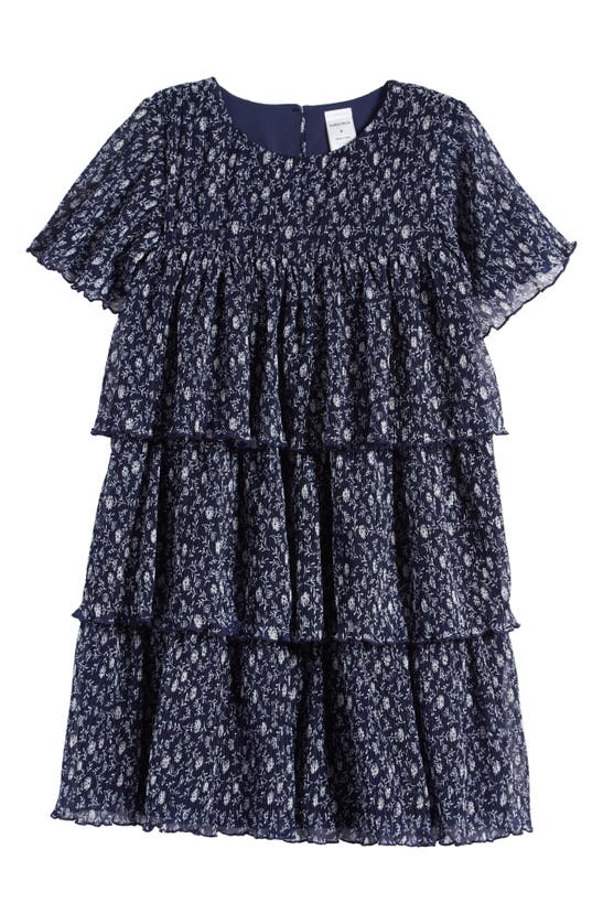 Shop Nordstrom Kids' Floral Plissé Tiered Dress In Navy Peacoat Seaside Floral