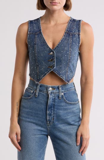 Shop Vigoss Bling Rhinestone Cropped Vest In Medium Wash