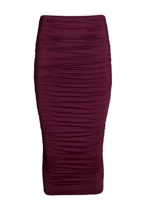 Shop Ser.o.ya Darcy Mid Rise Ruched Midi Skirt In Merlot