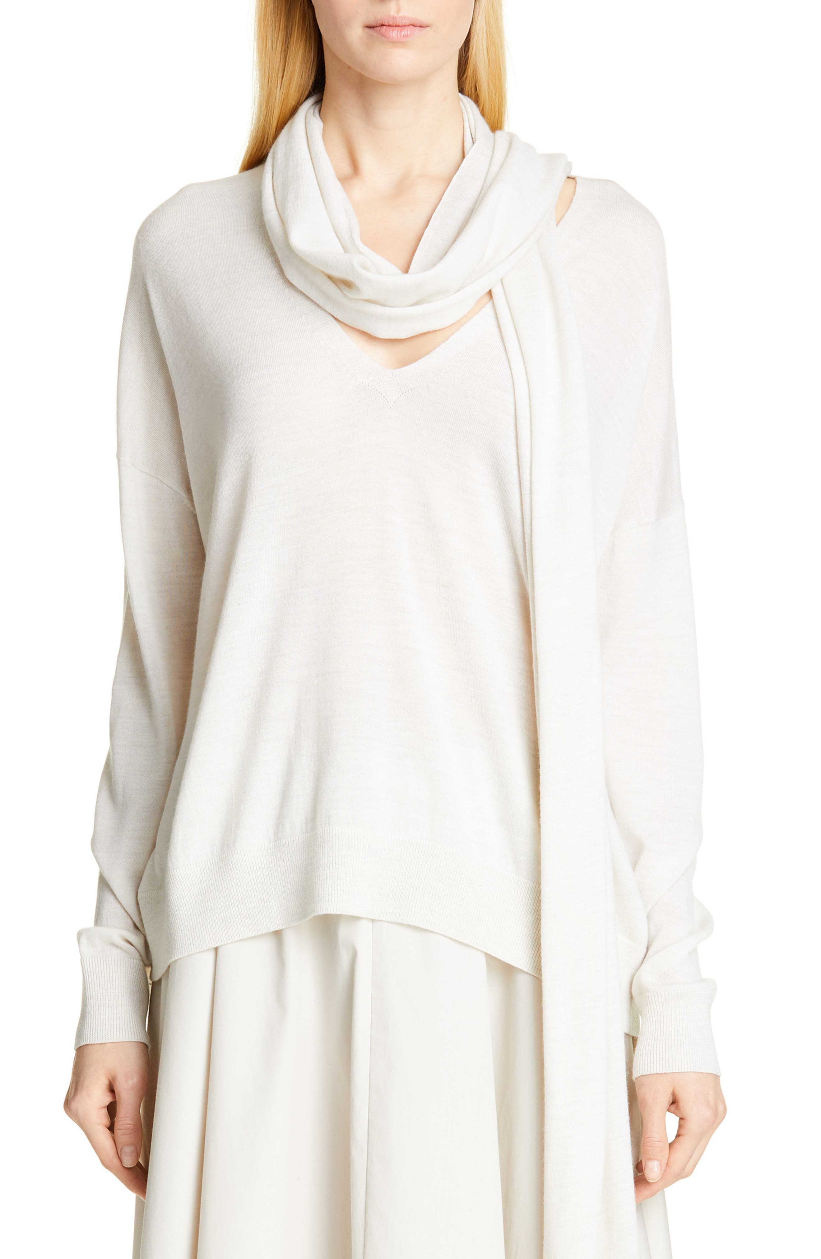 Co Scarf V-Neck Merino Wool Sweater, White