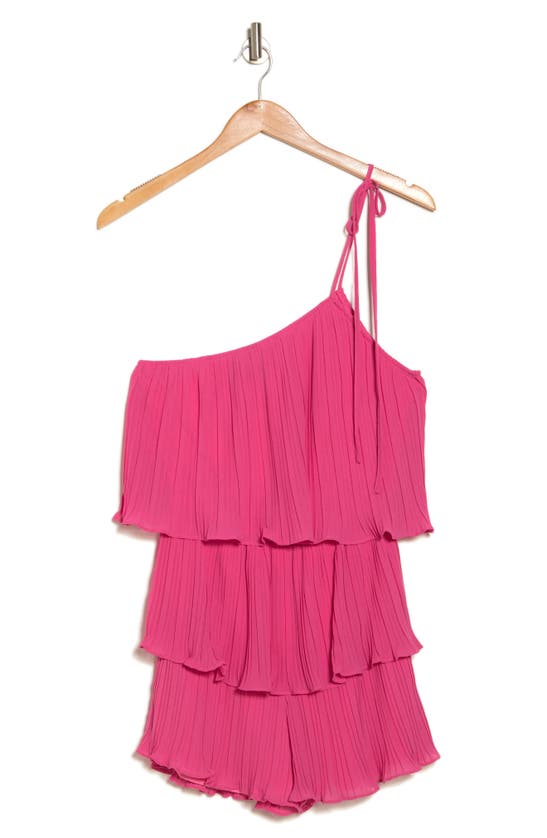 Lulus Blowing Kissed Pleated Ruffle One-shoulder Romper In Hot Pink