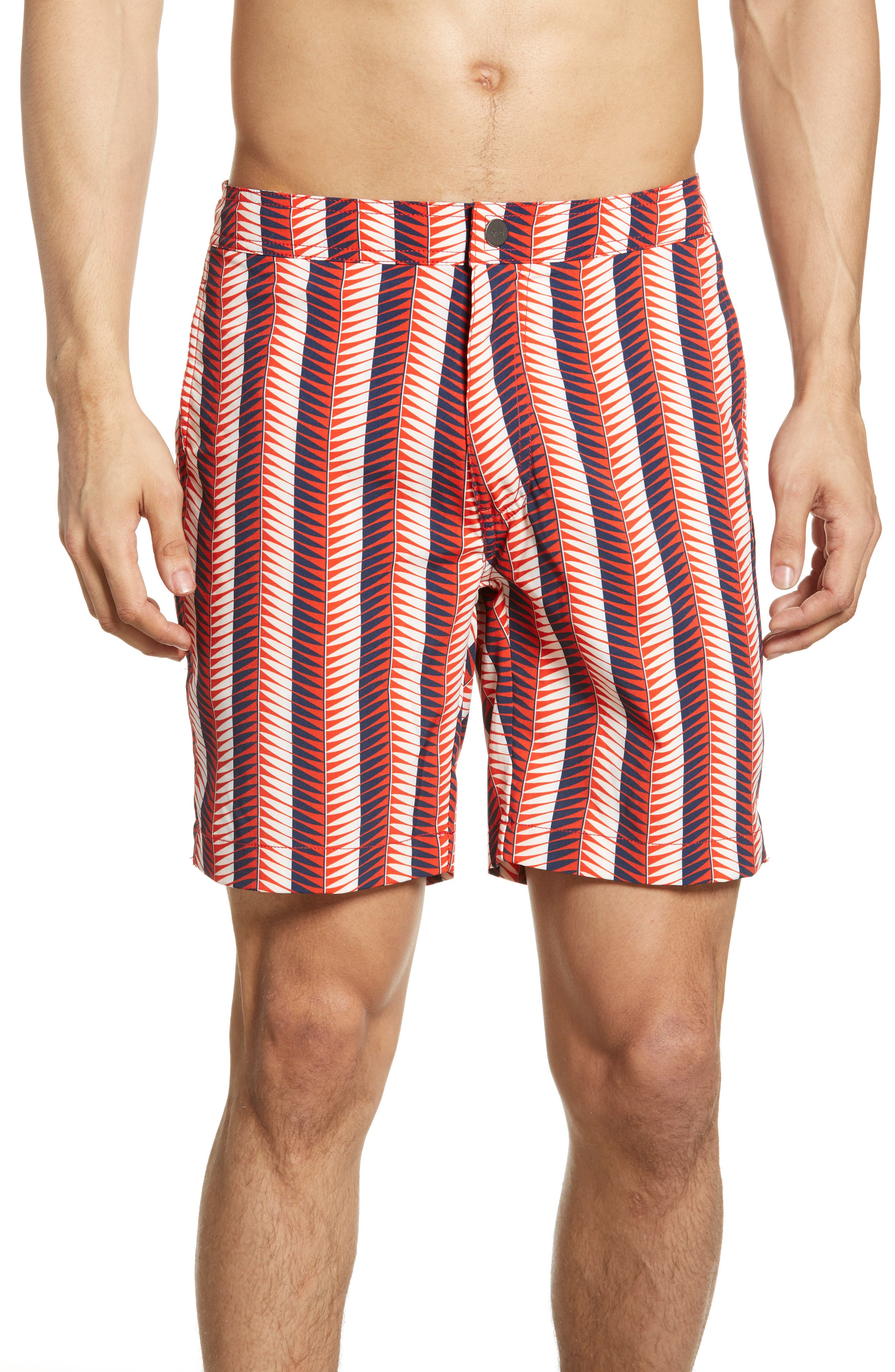 Onia Calder Geo Stripe Swim Trunks, Red