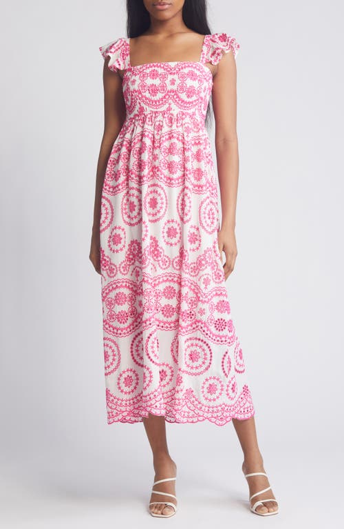 Embroidered Eyelet Smocked Sleeveless Maxi Sundress in Ivory- Pink