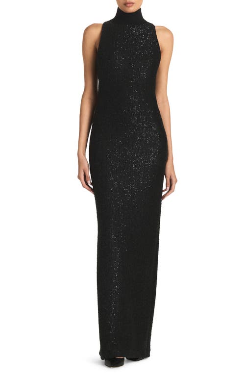 Sequin Knit Sleeveless Turtleneck Gown in Black