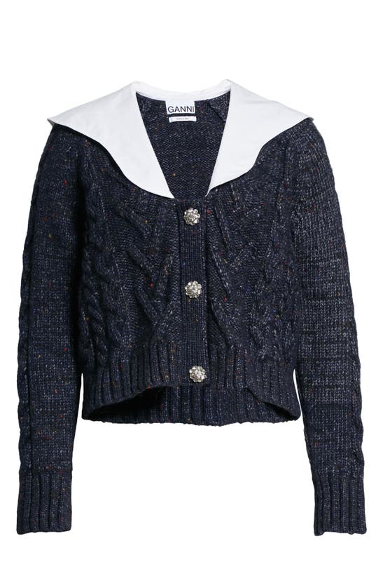 Ganni Cropped Embellished Poplin-collar Cable-knit Cardigan In Navy Blue Wool In Sky Captain