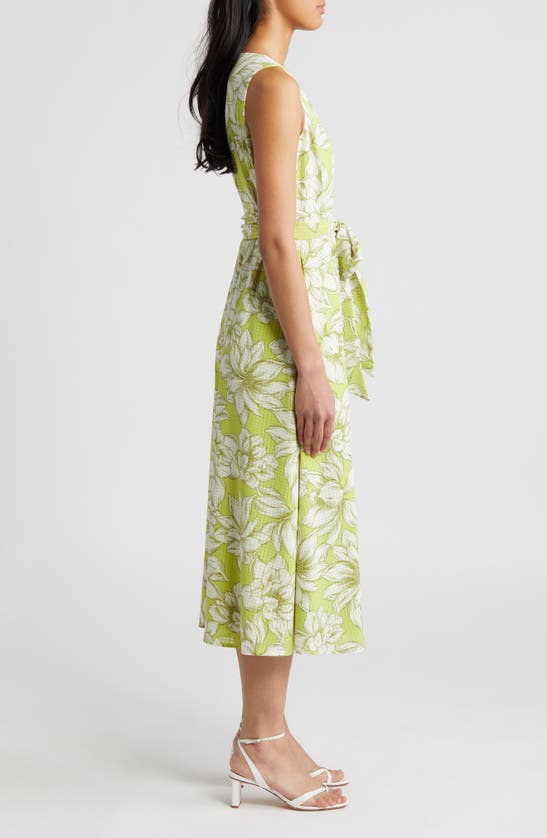 Shop Anne Klein Floral Print Tie Waist Sleeveless Midi Dress In Sprout/ Bright White Multi