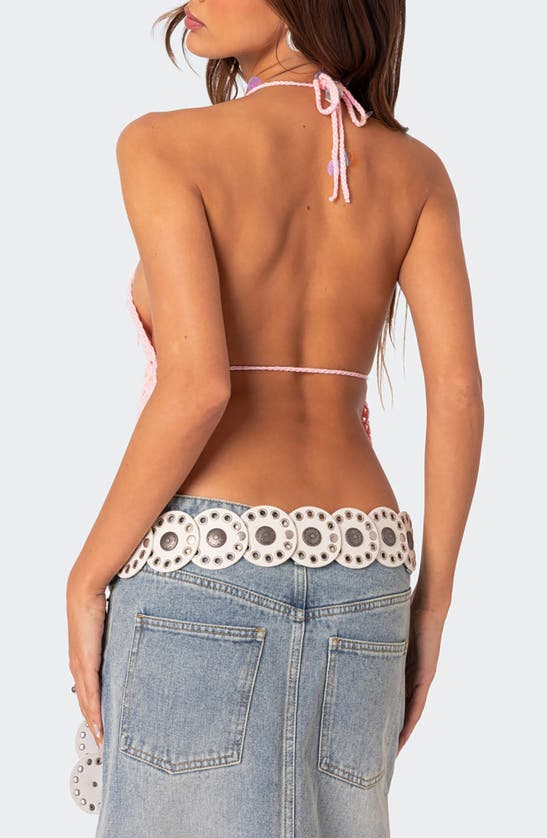 Shop Edikted Backless Paillette Crochet Halter Top In Pink