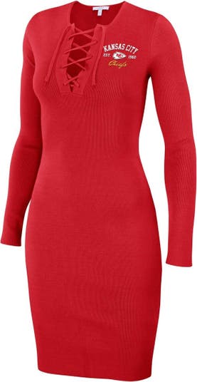 Women's Wear by Erin Andrews Red Kansas City Chiefs Lace Up Long Sleeve Dress Size: Medium