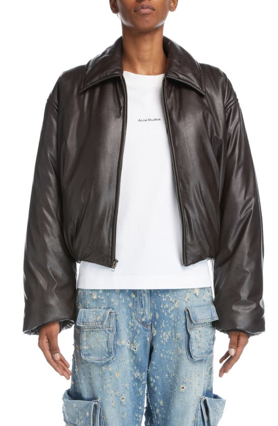 Acne Studios Onnea Faux Leather Down Bomber Jacket in Dark Brown