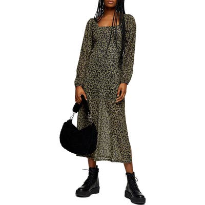 Topshop Long Sleeve Floral Mesh Midi Dress