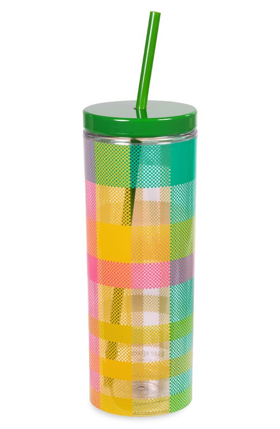 Shop Kate Spade Plaid Tumbler With Straw In Yellow Multi