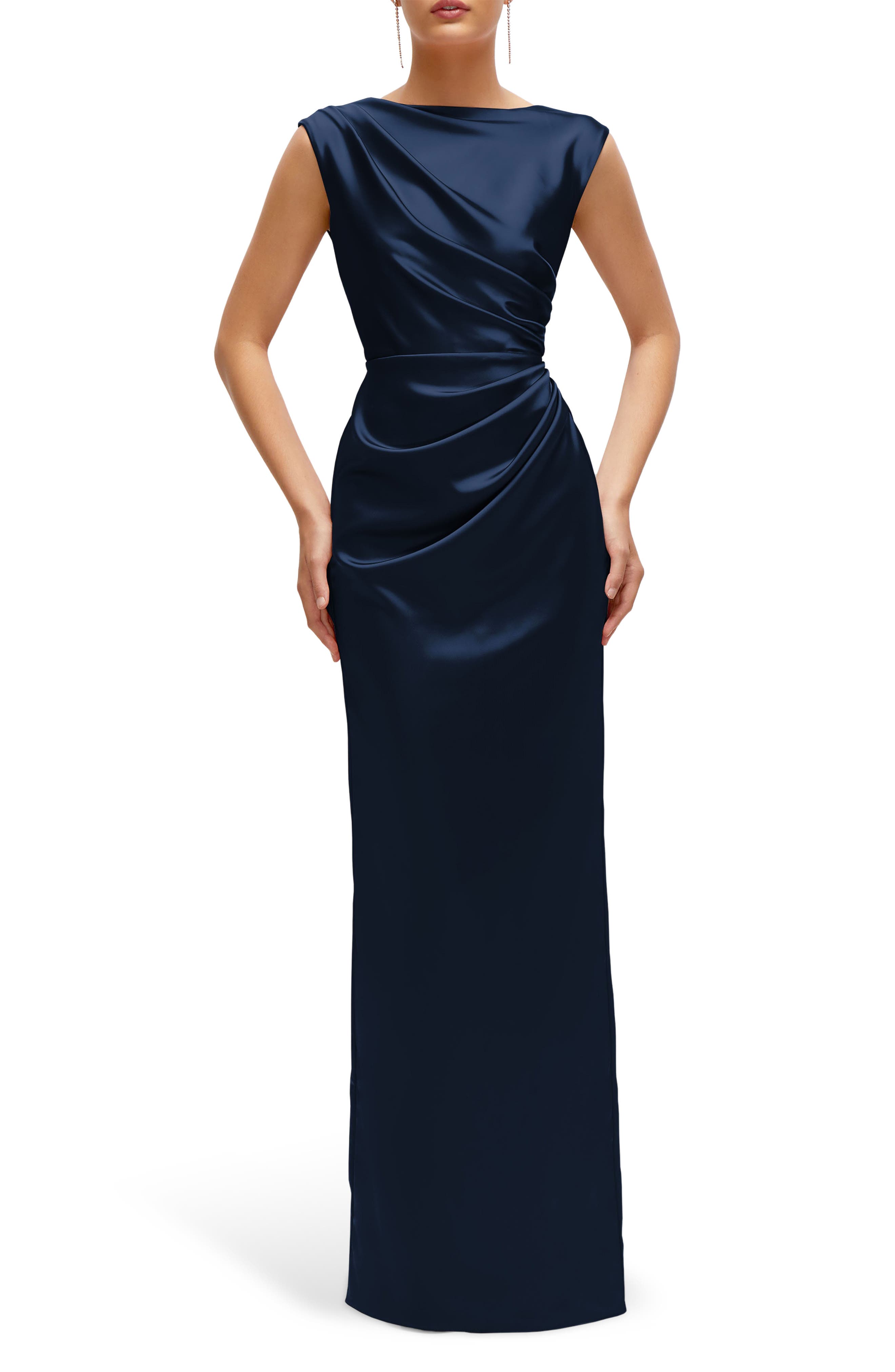 After Six Pleated Cap Sleeve Charmeuse Gown in Midnight Cover