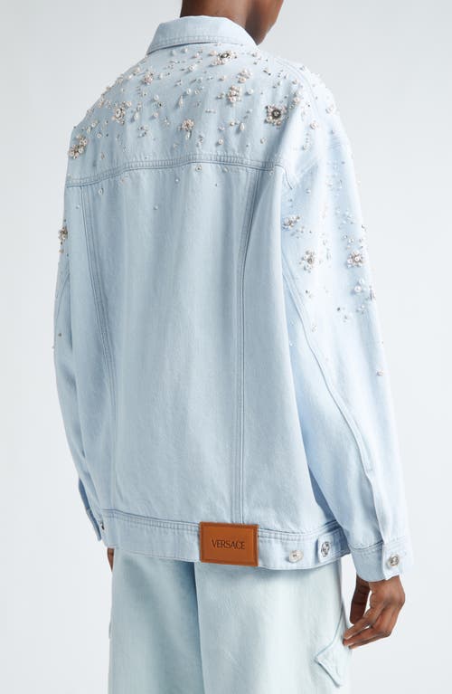 Shop Versace Embellished Oversize Denim Jacket In Light Sand