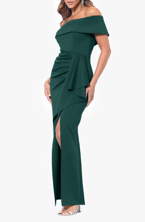 Xscape Evenings Side Ruffle Off The Shoulder Scuba Gown In Hunter