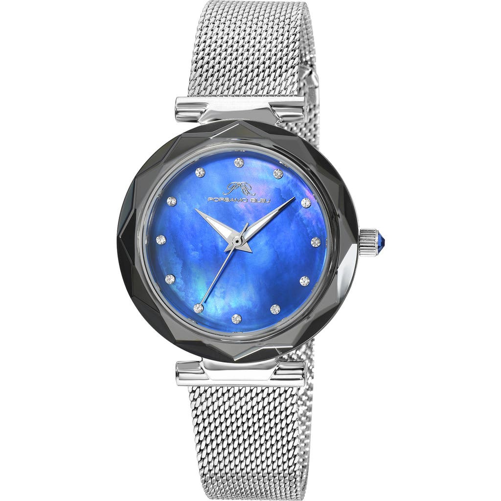 Porsamo Bleu Hazel White Topaz Mother Of Pearl Dial 3-hand Quartz Mesh Strap Watch, 33mm In Silver