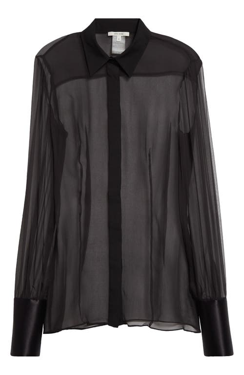 Fitted Satin Cuff Georgette Button-Up Shirt in Black