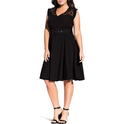 Plus Size City Chic Lace Yoke Fit & Flare Dress, Black