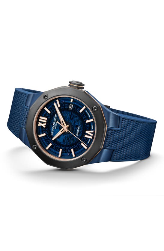 Shop Baume & Mercier Riviera 10769 Rubber Strap Watch, 42mm In Smoked Blue Sapphire