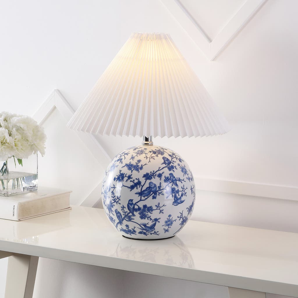 Jonathan Y Shishen Cottage Classic Chinoiserie Ceramic Orb Led Table Lamp With Pleated Shade In White/blue