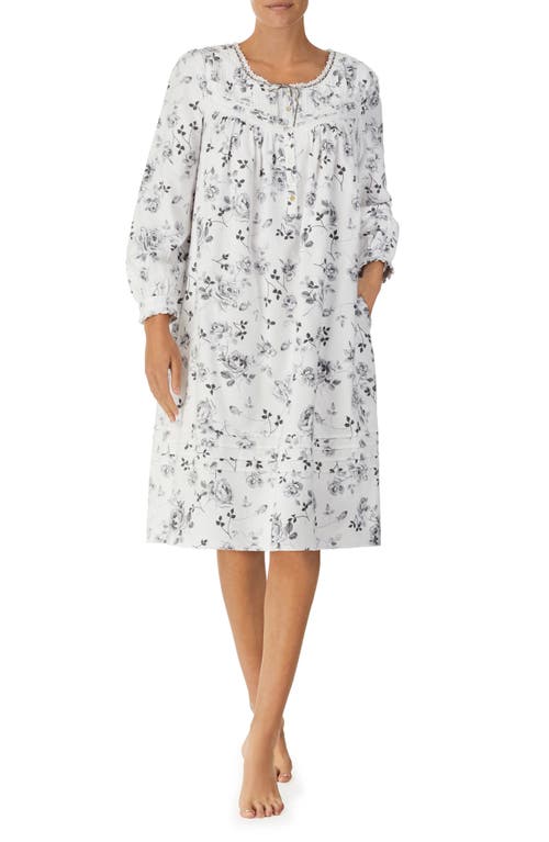 Waltz Floral Print Long Sleeve Cotton Nightgown in White Grey