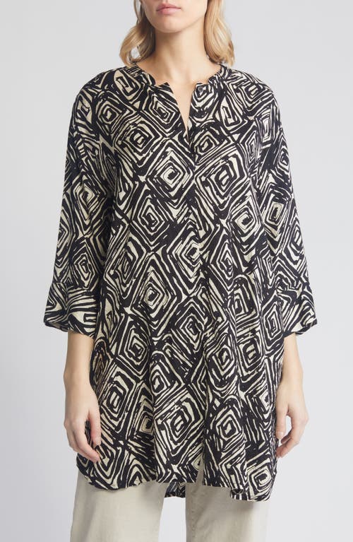 Geam Abstract Print Button-Up Tunic Shirt in Black