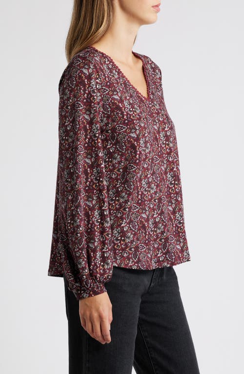 Shop Bobeau Floral Print Rickrack Trim Top In Oxblood/gray