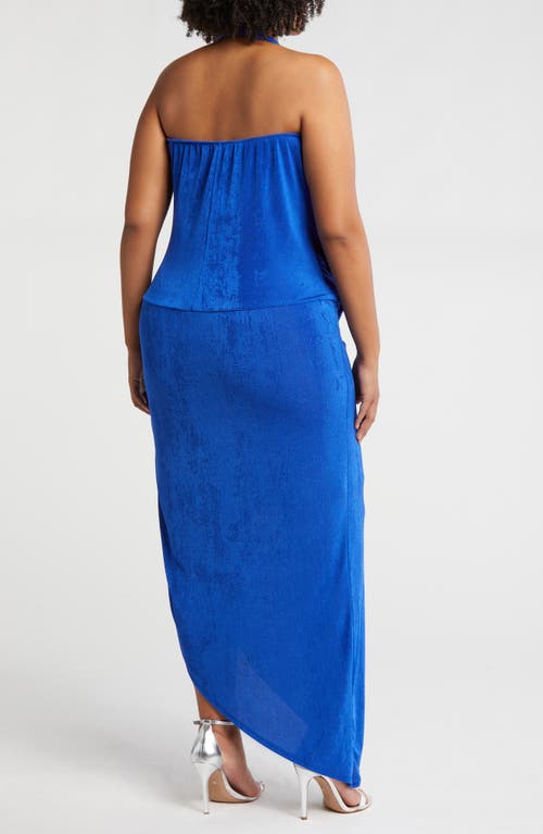 24seven Comfort Apparel Cowl Neck Asymmetric Hem Stretch Dress In Blue