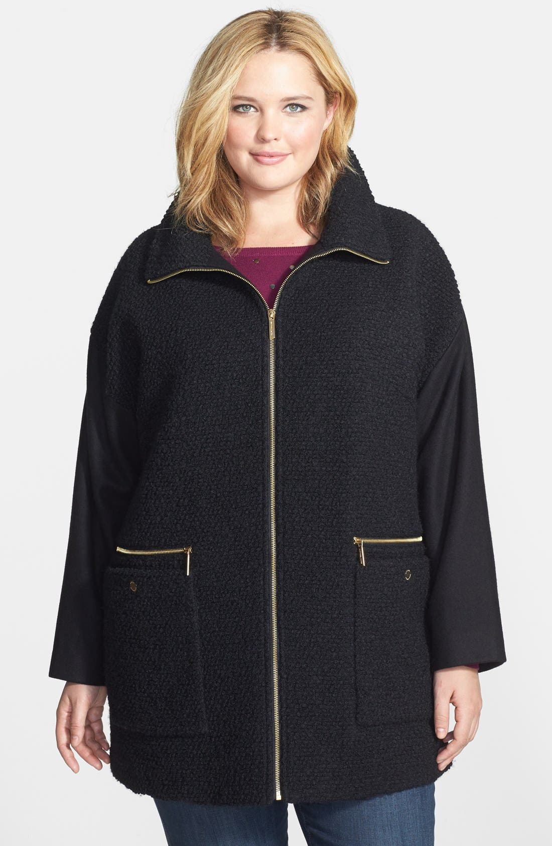 MICHAEL Michael Kors Zip Front Bouclé Wool Blend Coat (Plus Size