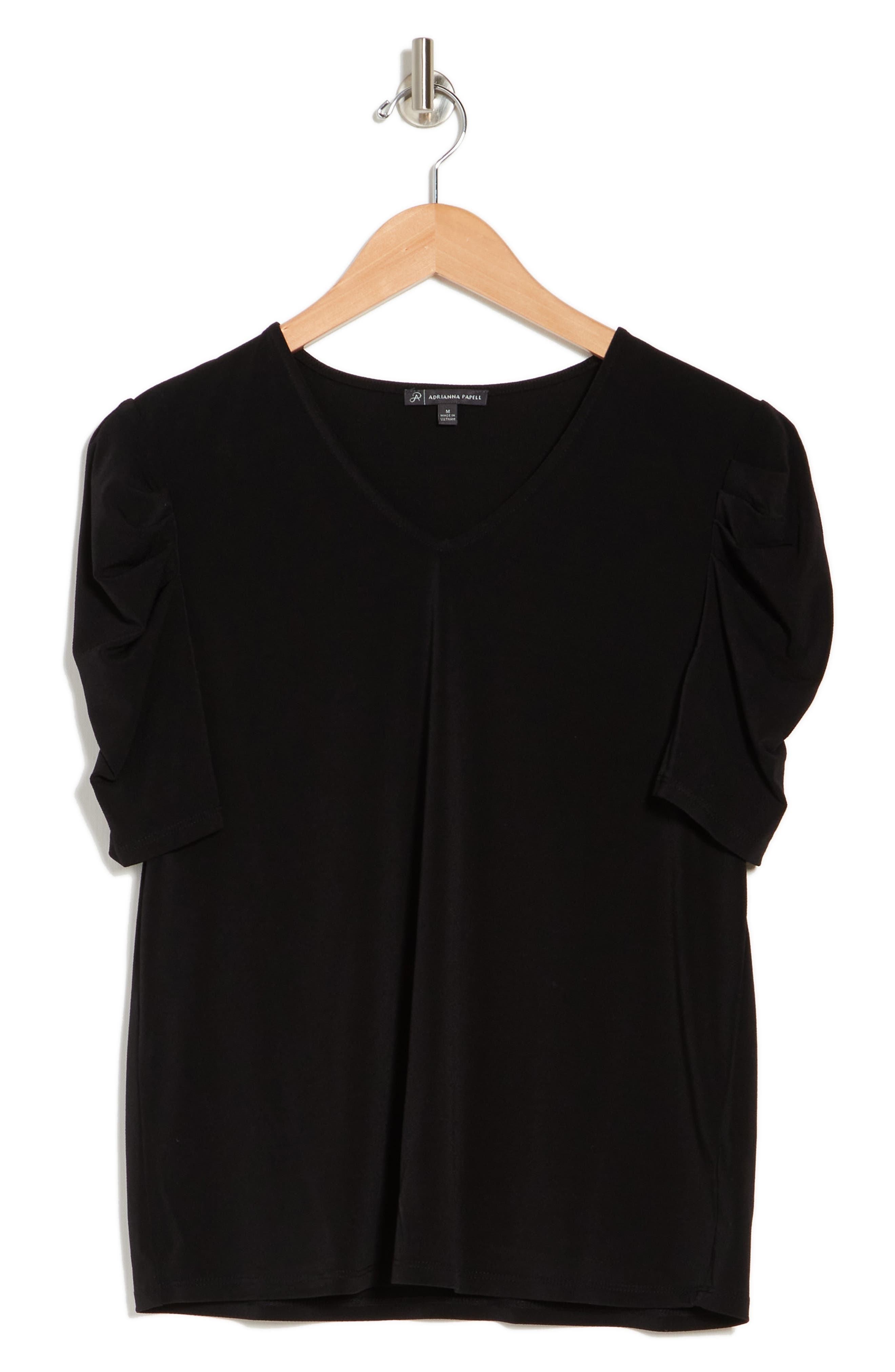 Adrianna Papell V-neck Puff Shoulder Moss Crepe Top In Black
