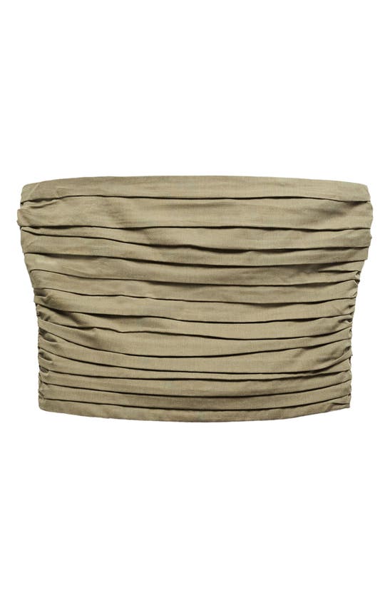 Shop Mango Angie Ruched Strapless Crop Top In Khaki