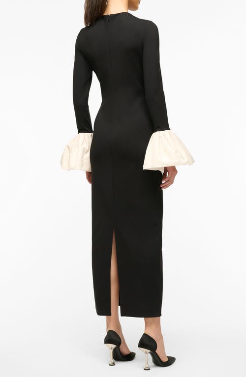 Shop Staud Hawthorne Contrast Ruffle Long Sleeve Sheath Gown In Black/ivory