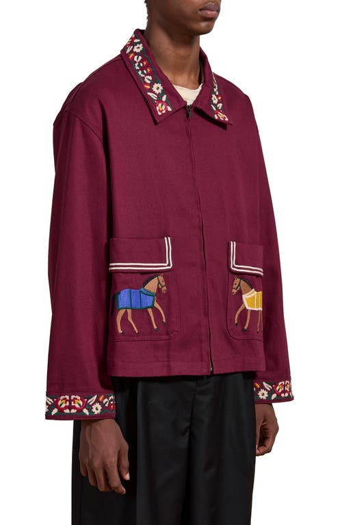 FOUND FOUND OXBLOOD HORSE EQUINE OVERSIZE EMBROIDERED COTTON JACKET 