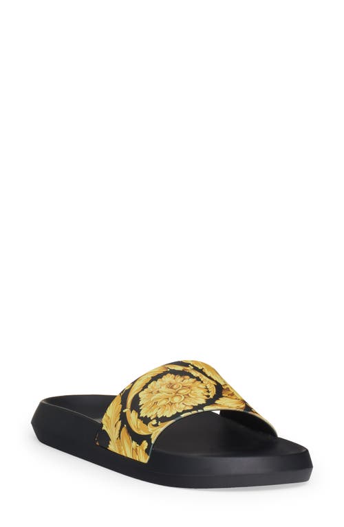 Shop Versace Baroque Pool Slide Sandal In Black/gold