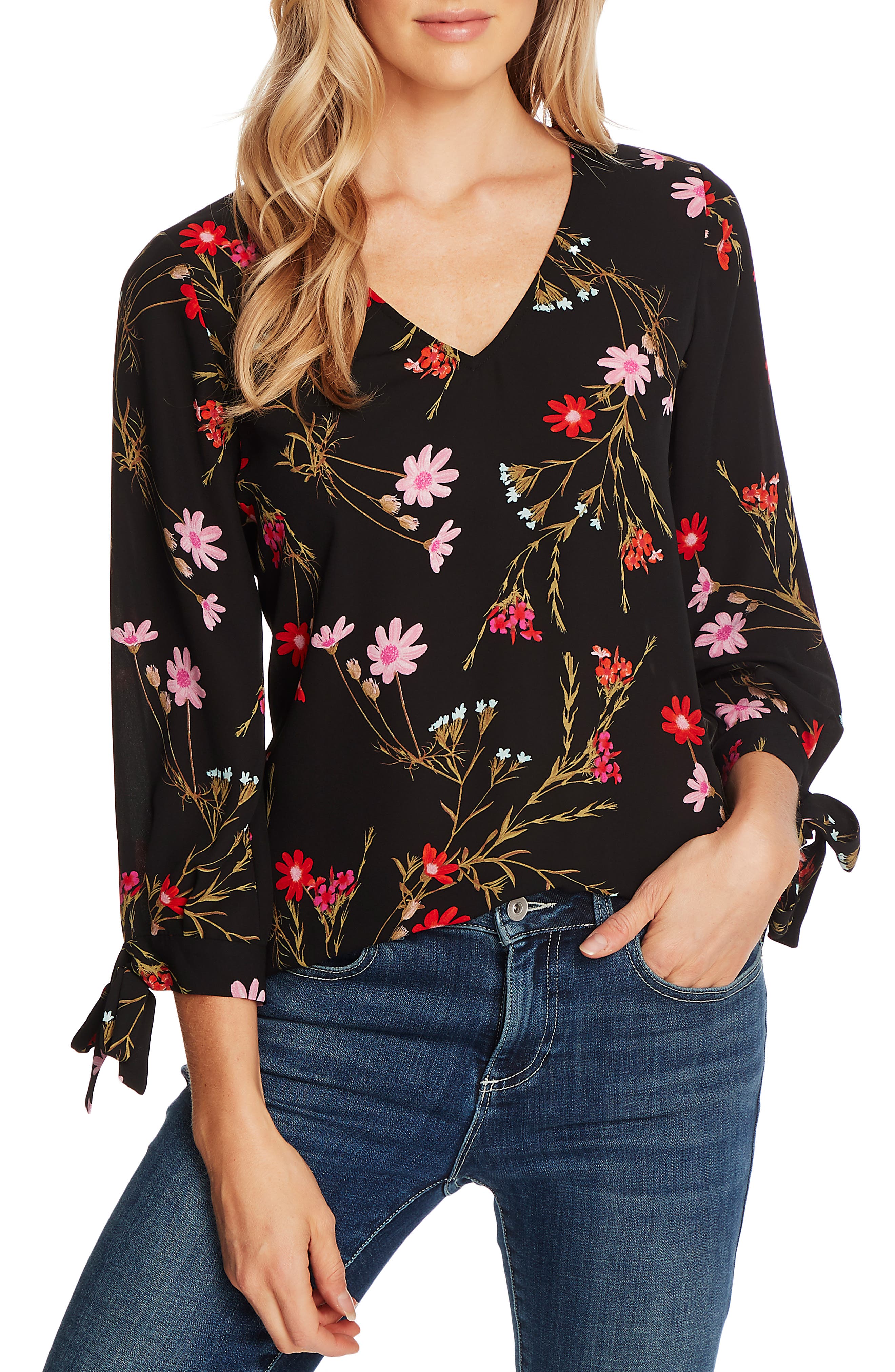 CeCe Enchanted Wildflower Tie Sleeve Top Nordstrom