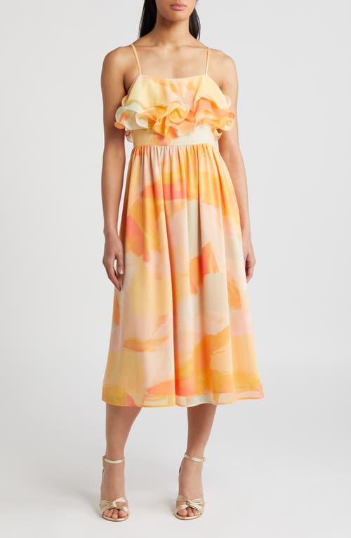Printed Tiered Ruffle Chiffon Midi Dress in Green- Pink Painterly Abstract