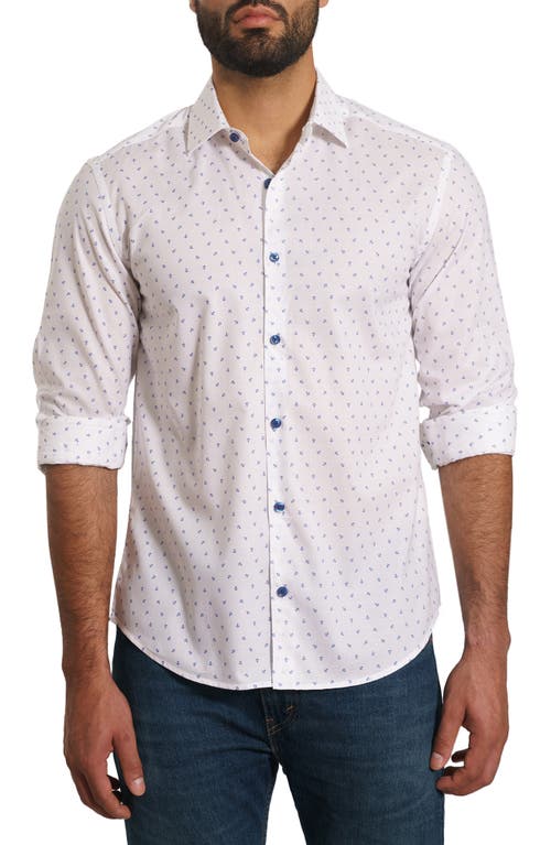 Trim Fit Anchor Print Button-Up Shirt in White