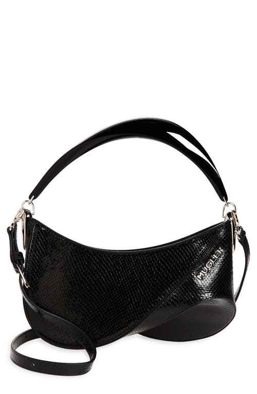 Spiral Curve Snake Embossed Patent Leather Top Handle Bag in Black