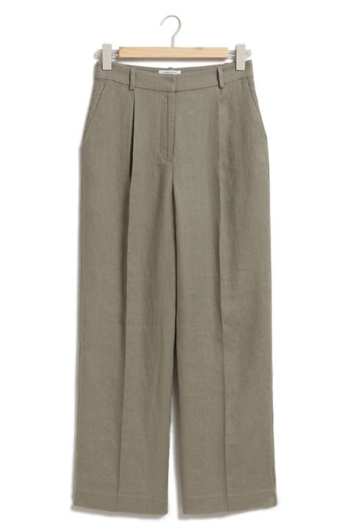 & Other Stories Wide Leg Linen Trousers In Khaki Green Medium D