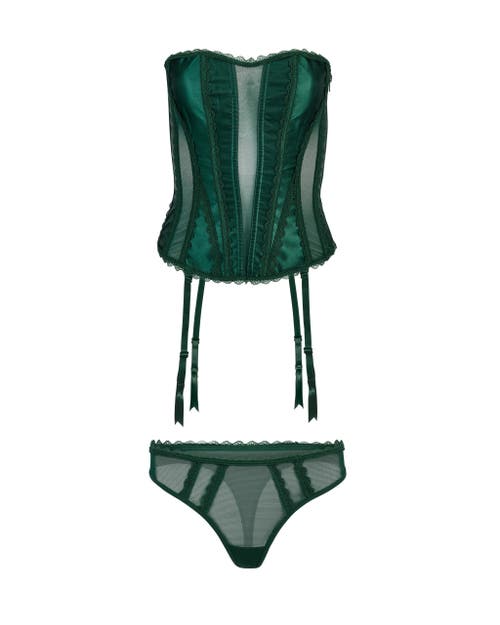 Adore Me Serene Corset & Thong Set In Dark Green